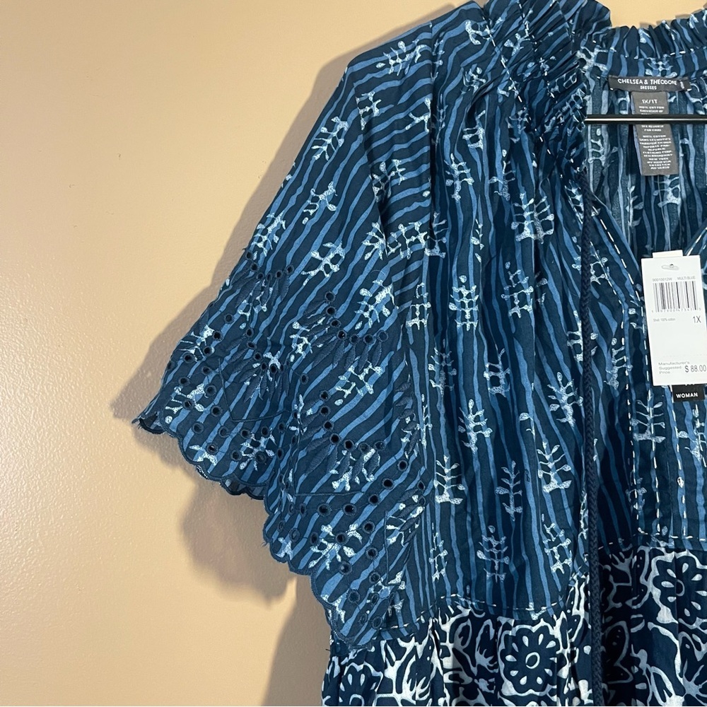 Chelsea & Theodore Blue and White Boho Dress size 1X New with tags - Picture 4 of 13